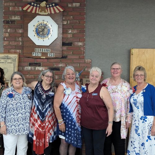 7-21-24 - Burbank Post 150 (which celebrates it’s 100th year in September) - District 20 officers after their joint American Legion family installation. L to R: Krista, Historian; Mahala Anne Beery, Secretary; Liz Tungate, President; Kathie Martinez, Past Department President, Installing Officer; Carol, Past District President; Laura, 2nd Vice President; and Bonnie, Treasurer.